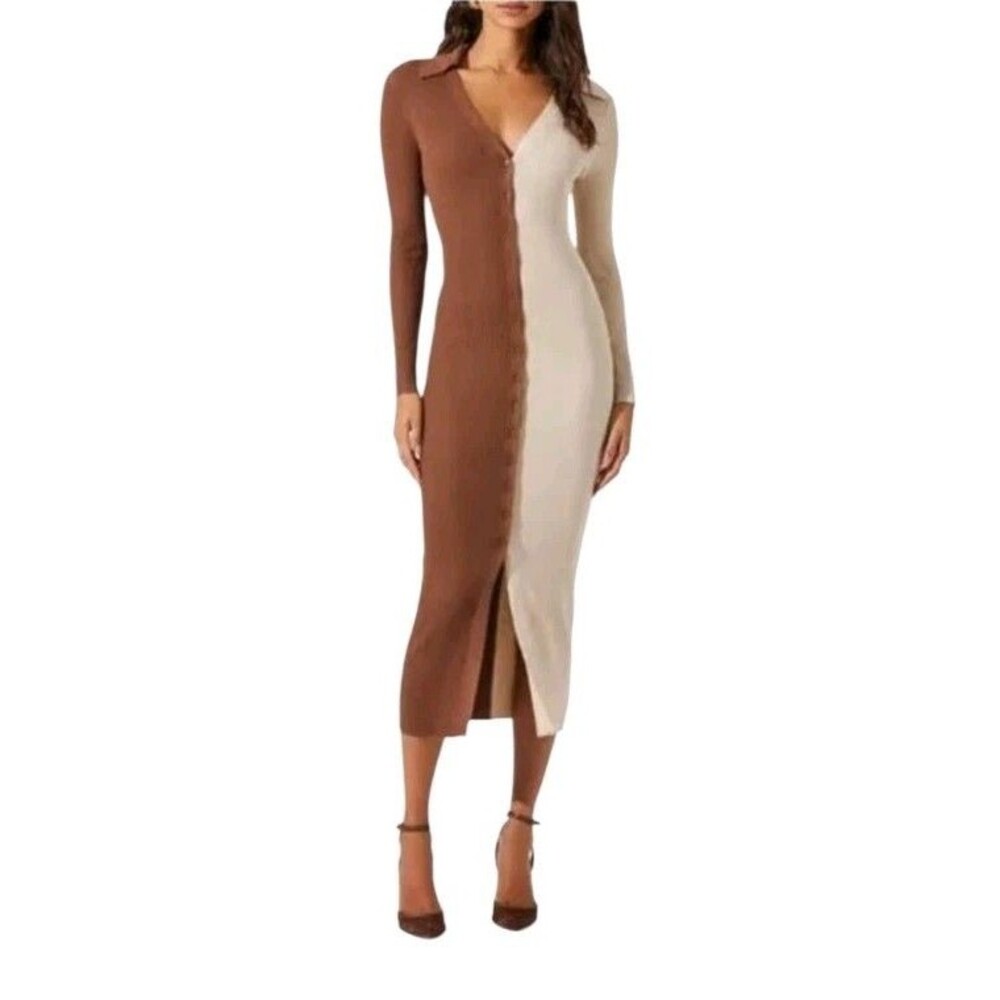 ASTR The Label Two Toned Ribbed Maxi Dress L Brown Beige Long Sleeve Body Con